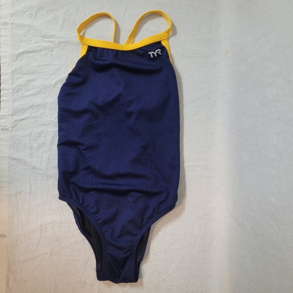 TYR Hexa Durafast Elite Cutoutfit One Piece Swimsuit, Size 28, Navy & Gold - Picture 1 of 5